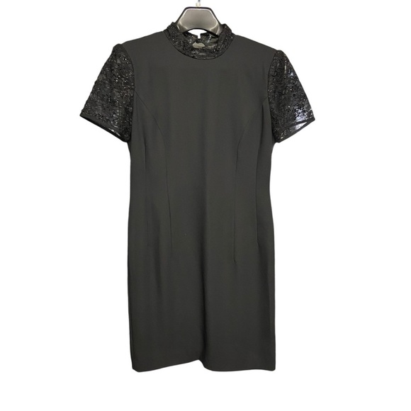 Donna Morgan Sheath Cocktail Dress Size 6P Black Sheer Lace Back High Neck Party - Picture 1 of 12